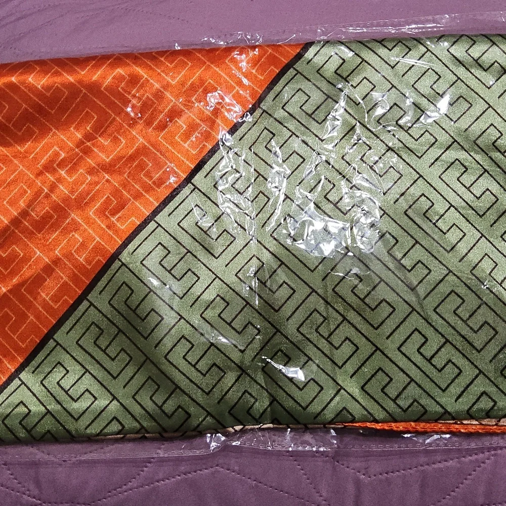 Orange and Green Geometric Silk Scarf Includes A Free Scarf Pin.
